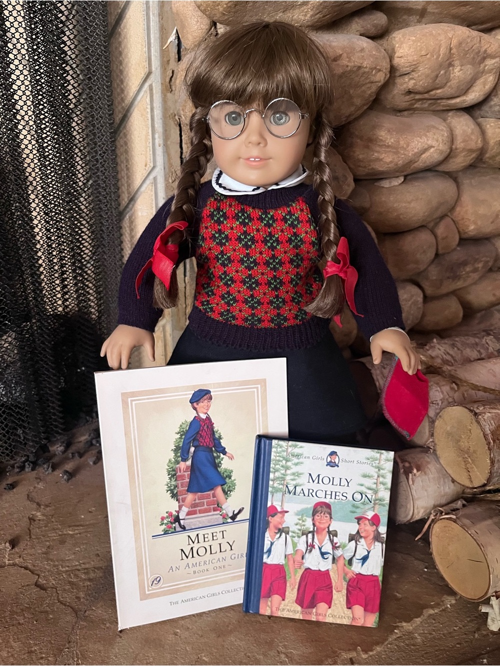 American Girl Molly Doll with Red & Navy Knit Sweater
